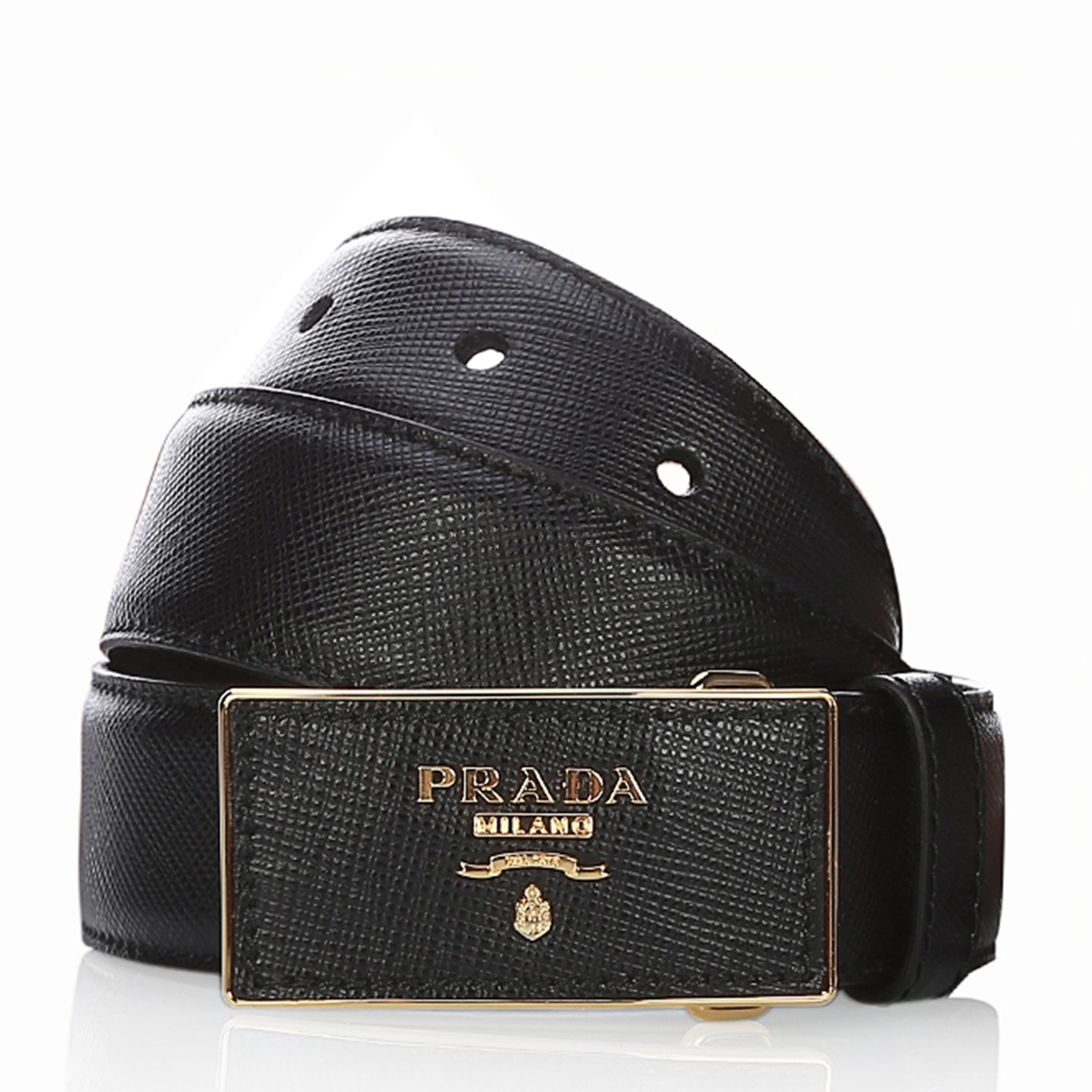 prada 普拉达 saffiano 黑色压纹 牛皮方形带扣 男士皮带/腰带 1c5717
