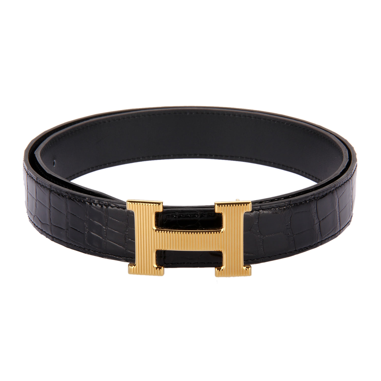 hermes(爱马仕)竖条纹金h扣黑色鳄鱼皮腰带95