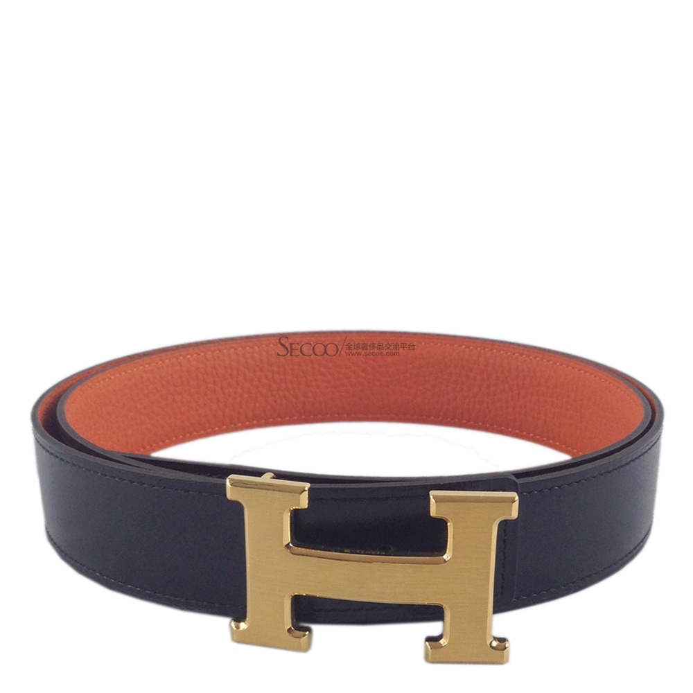 hermes/爱马仕 金色拉丝扣 黑橘皮带 双面可佩戴腰带 100cm
