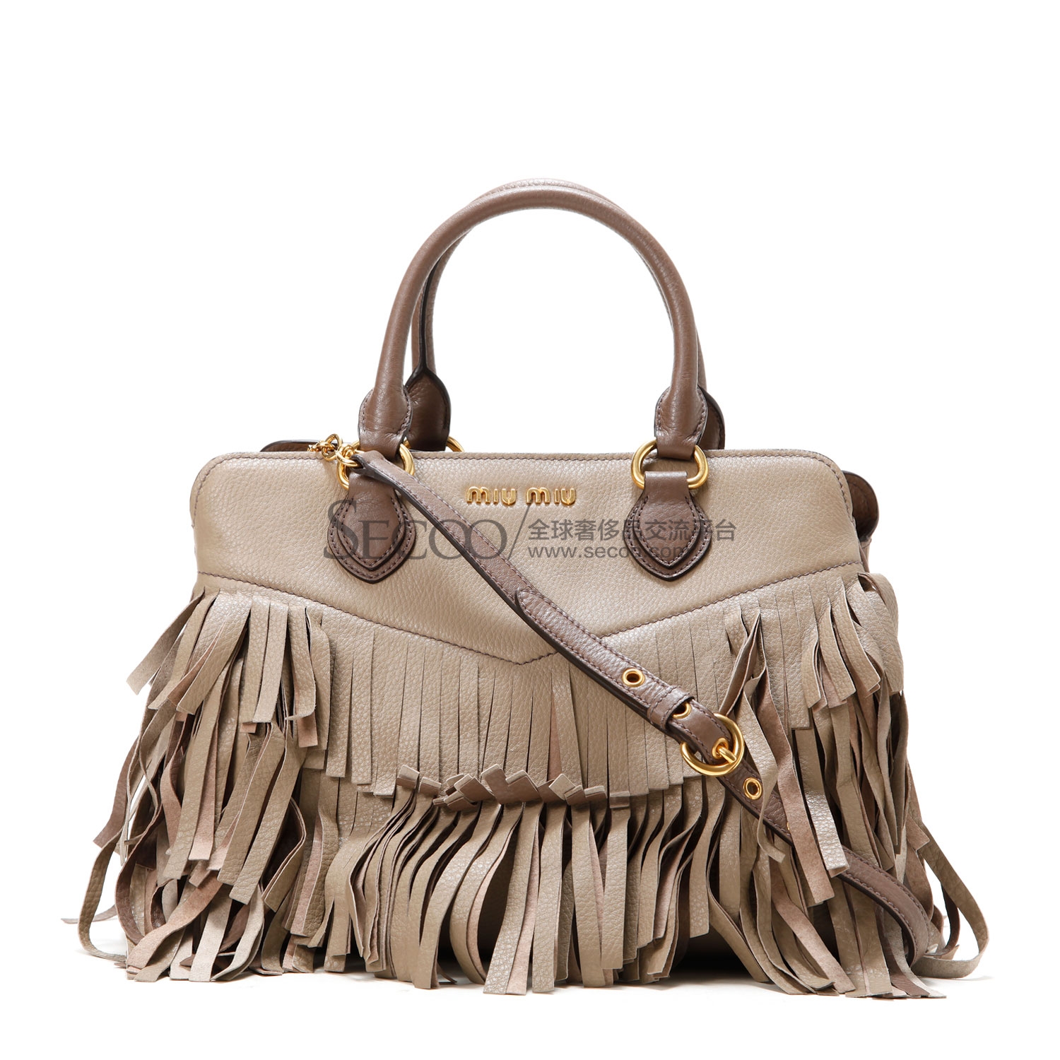 miumiu(缪缪) 奶茶色拼色皮质流苏两用包