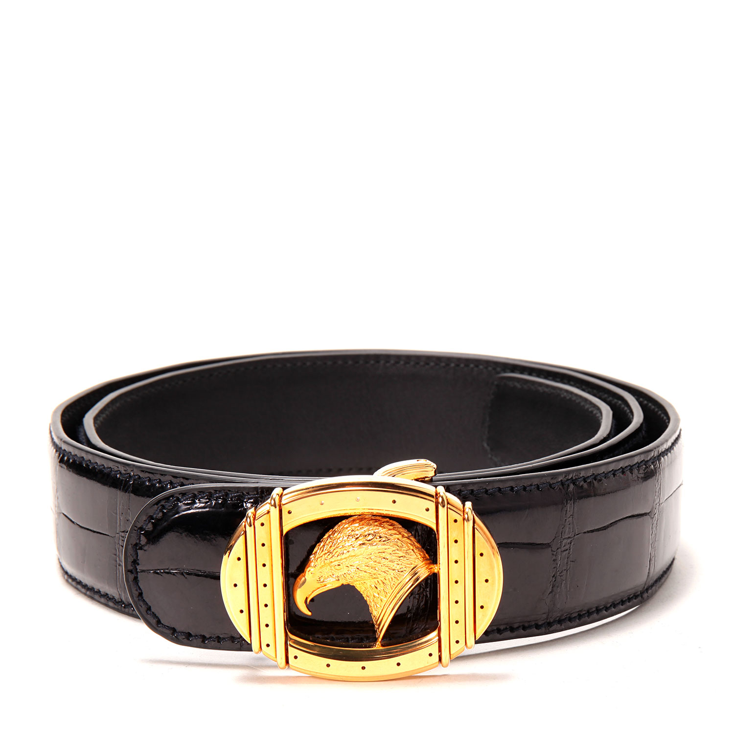 stefano ricci/史蒂芬劳.尼治 椭圆形鹰头金扣鳄鱼皮腰带 黑色 90cm