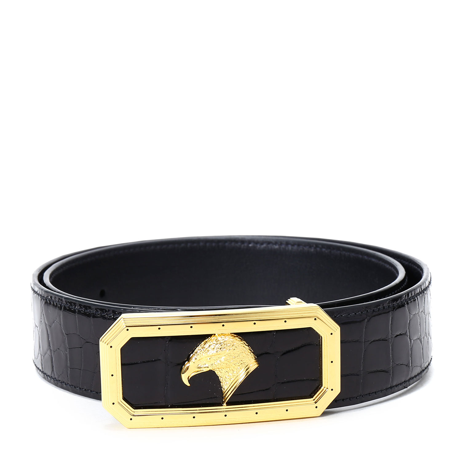 stefano ricci/史蒂芬劳.尼治 长方形鹰头金扣鳄鱼皮腰带 黑色 105cm