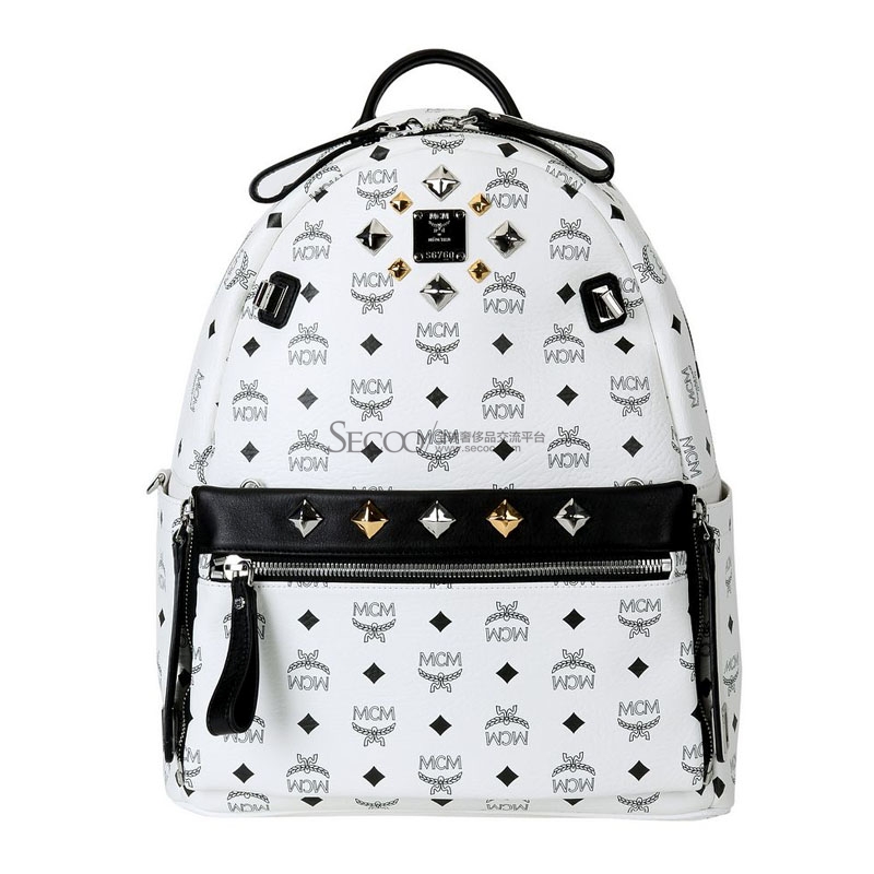 mcm 中性款中号白色个性铆钉可脱卸双肩包 mmk4sve79 wt001