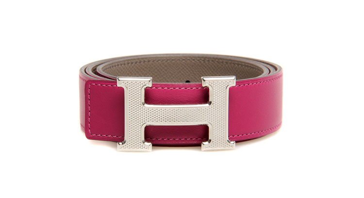 hermes(爱马仕)女士玫红/灰两面菱形格银h扣腰带