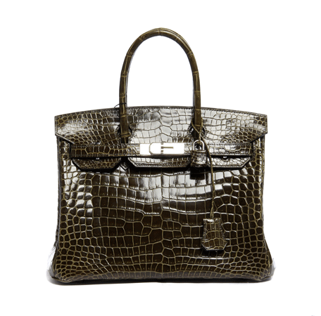 hermes(爱马仕)女士草皮绿色鳄鱼皮银扣手提包